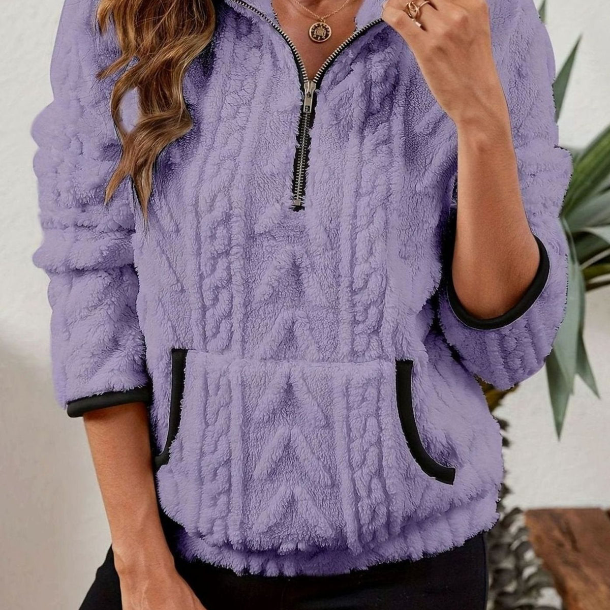 Victoria | Women's Textured Fleece Half-Zip Kangaroo Pocket Pullover Sweater