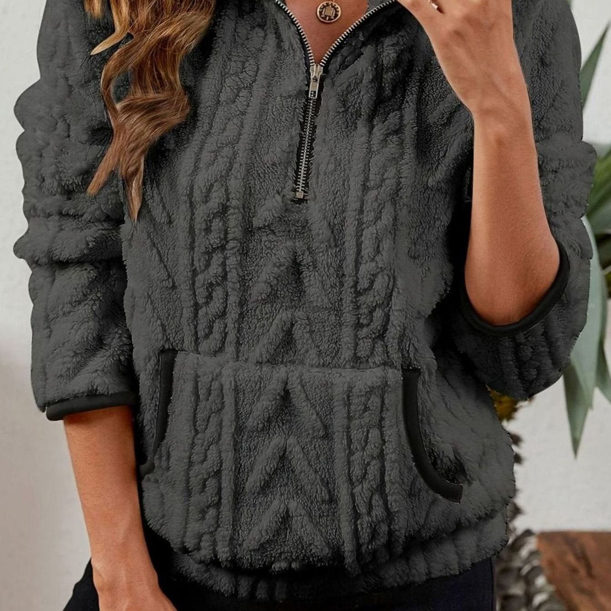 Victoria | Women's Textured Fleece Half-Zip Kangaroo Pocket Pullover Sweater