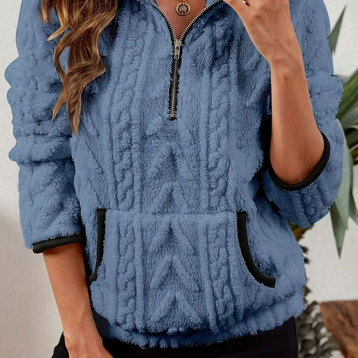 Victoria | Women's Textured Fleece Half-Zip Kangaroo Pocket Pullover Sweater