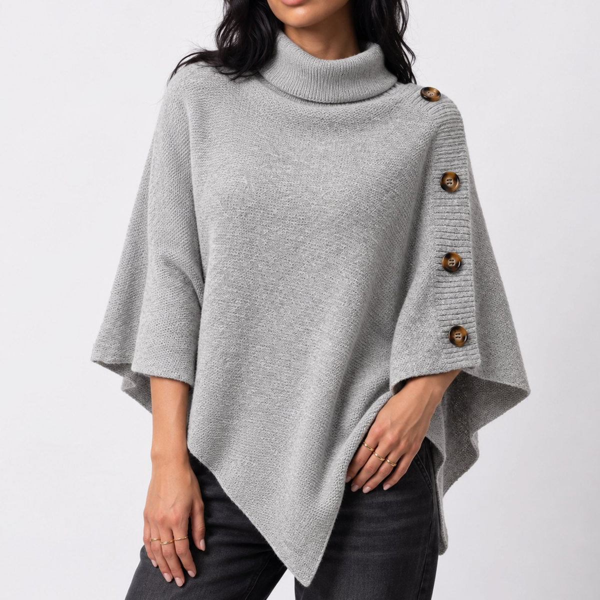 Olivia | Women's Turtleneck Knit Asymmetric Poncho Sweater Button Detail