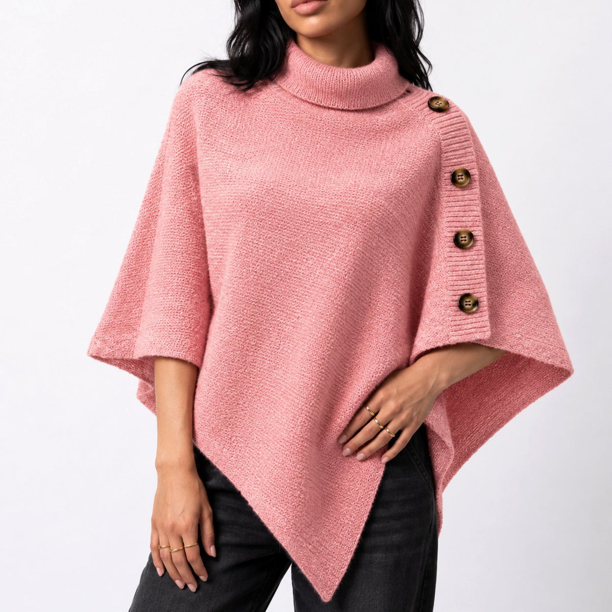Olivia | Women's Turtleneck Knit Asymmetric Poncho Sweater Button Detail