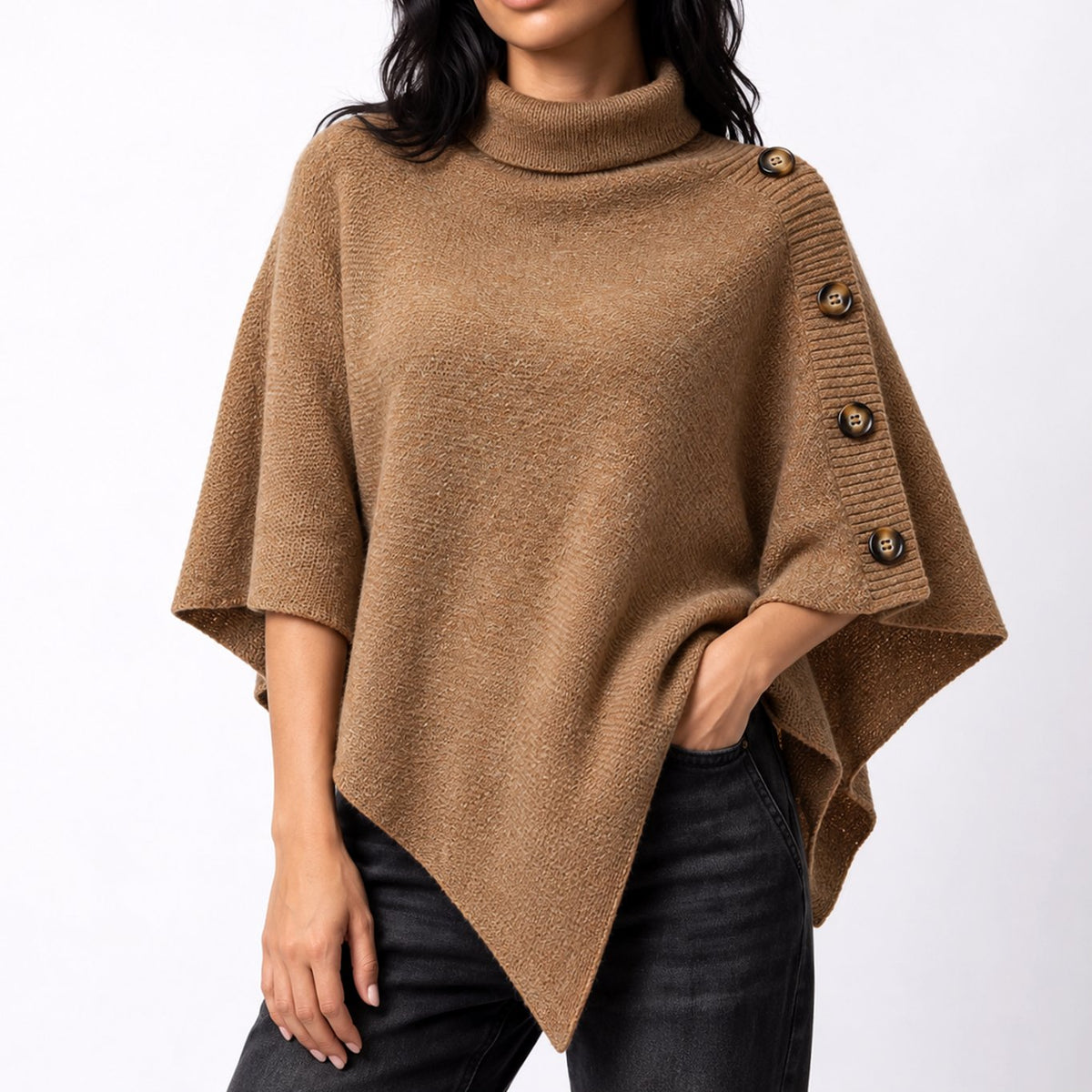 Olivia | Women's Turtleneck Knit Asymmetric Poncho Sweater Button Detail