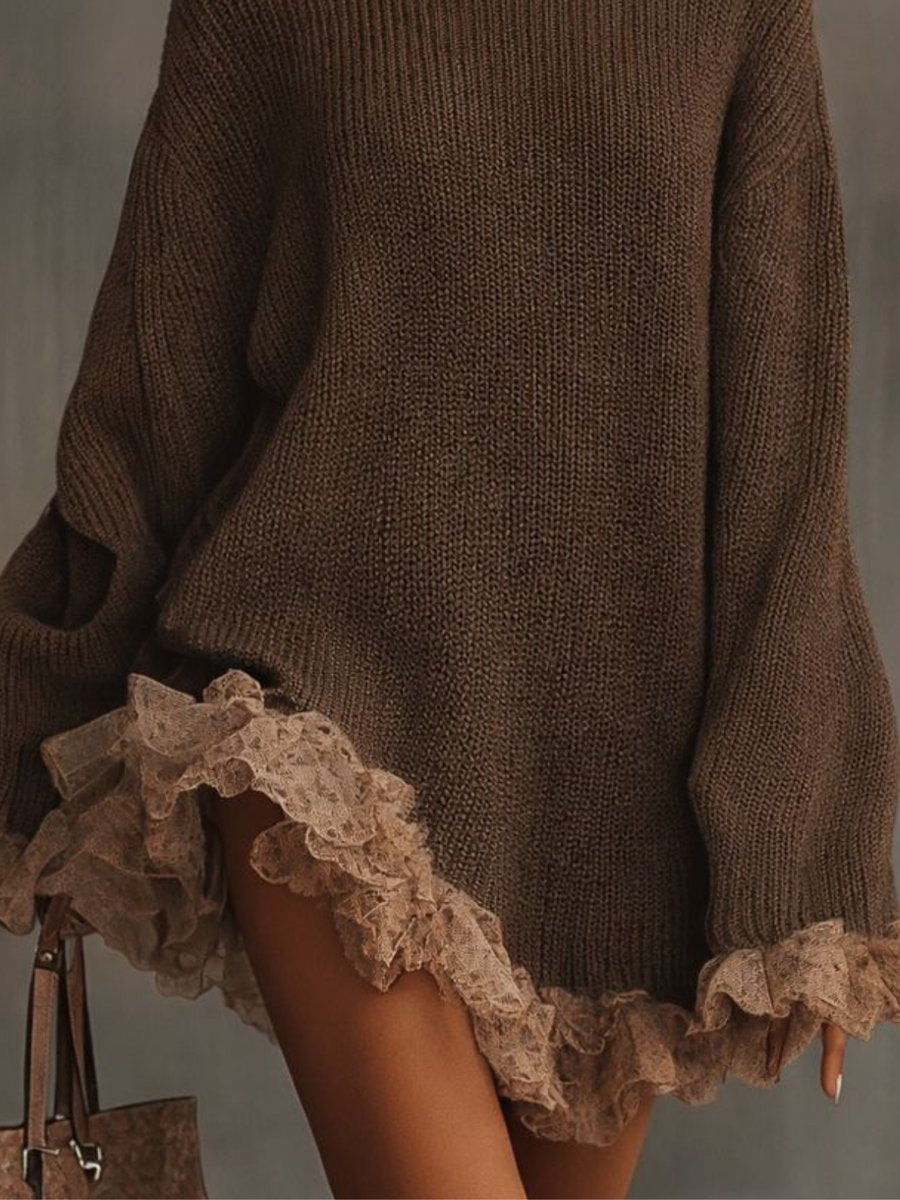 Eleanor | Women's Turtleneck Knit Lace-Hem Formal Dresses Oversized Sweater Dress