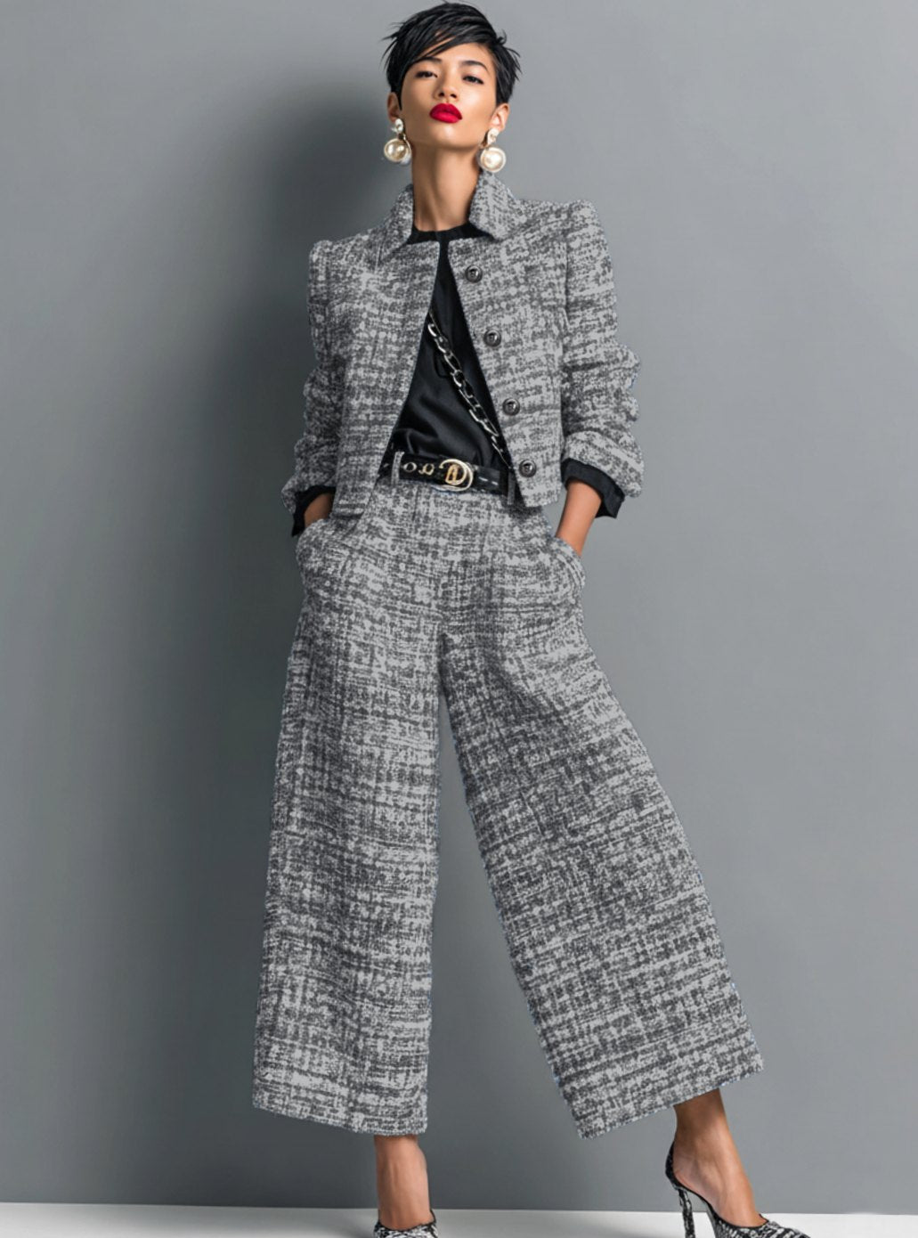 Isabella | Women's Tweed Wide-Leg Cropped Pants Blazer Two-Piece Set