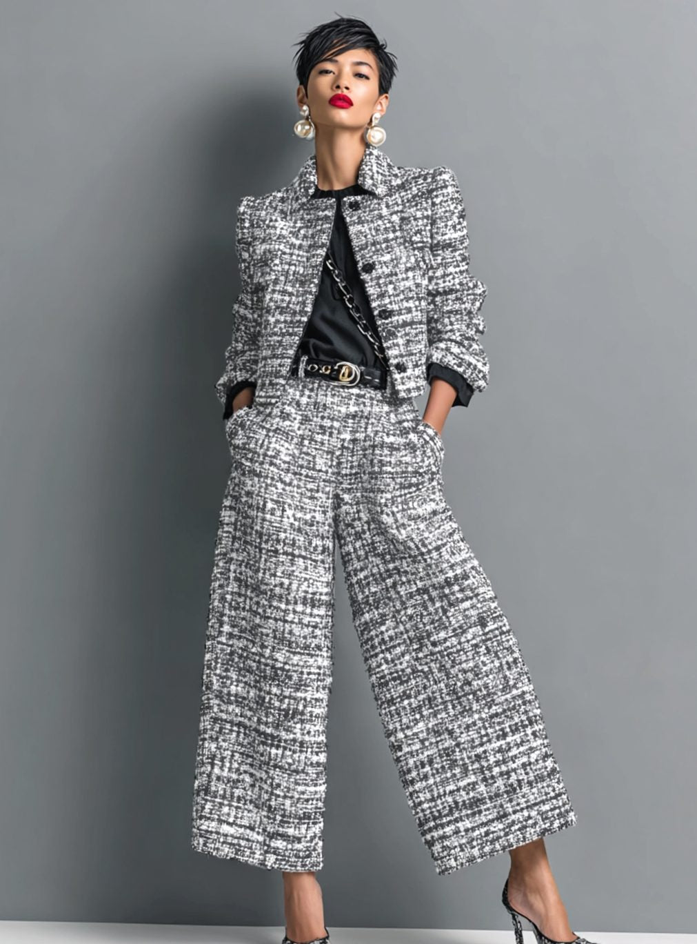 Isabella | Women's Tweed Wide-Leg Cropped Pants Blazer Two-Piece Set