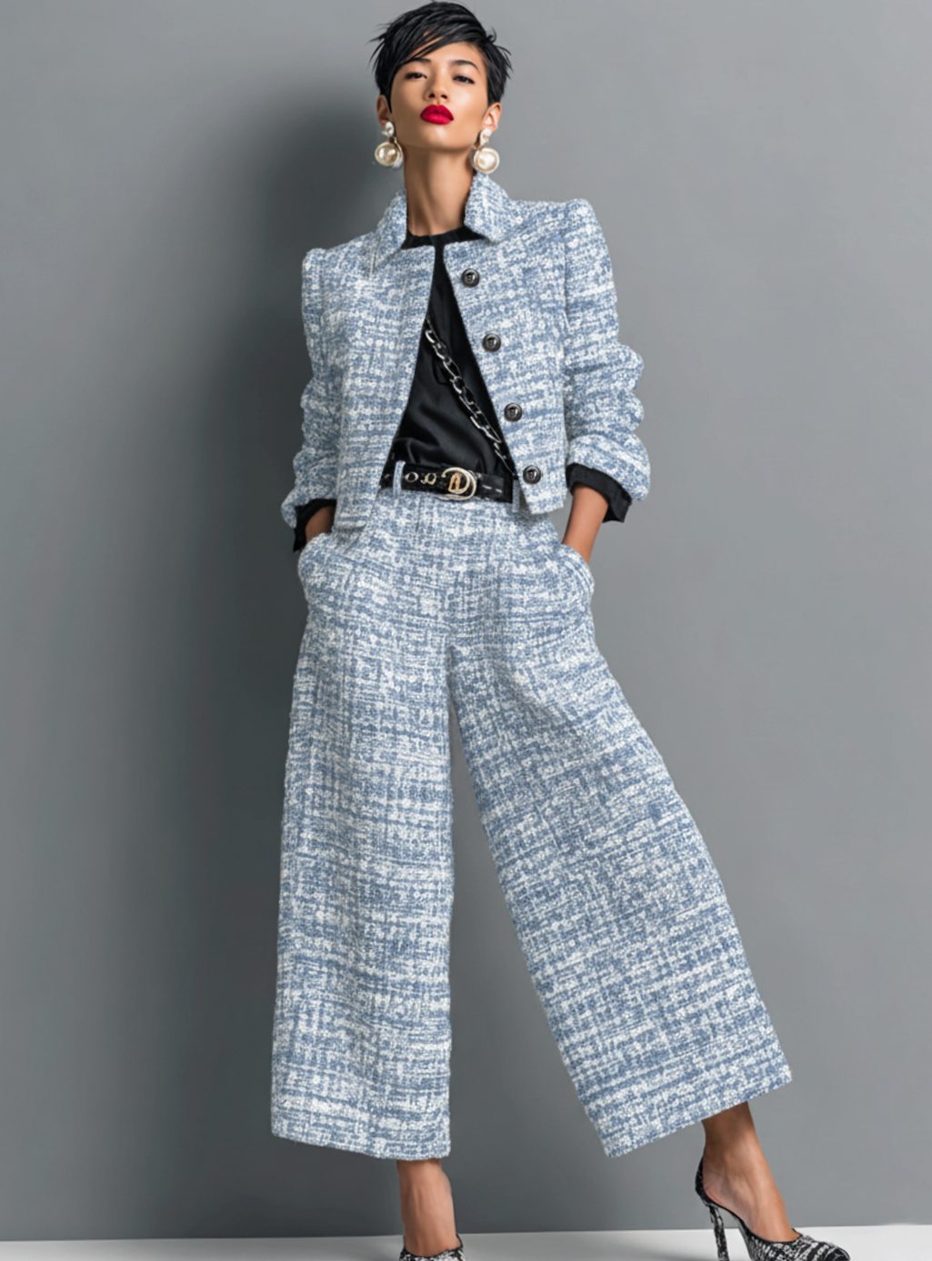 Isabella | Women's Tweed Wide-Leg Cropped Pants Blazer Two-Piece Set