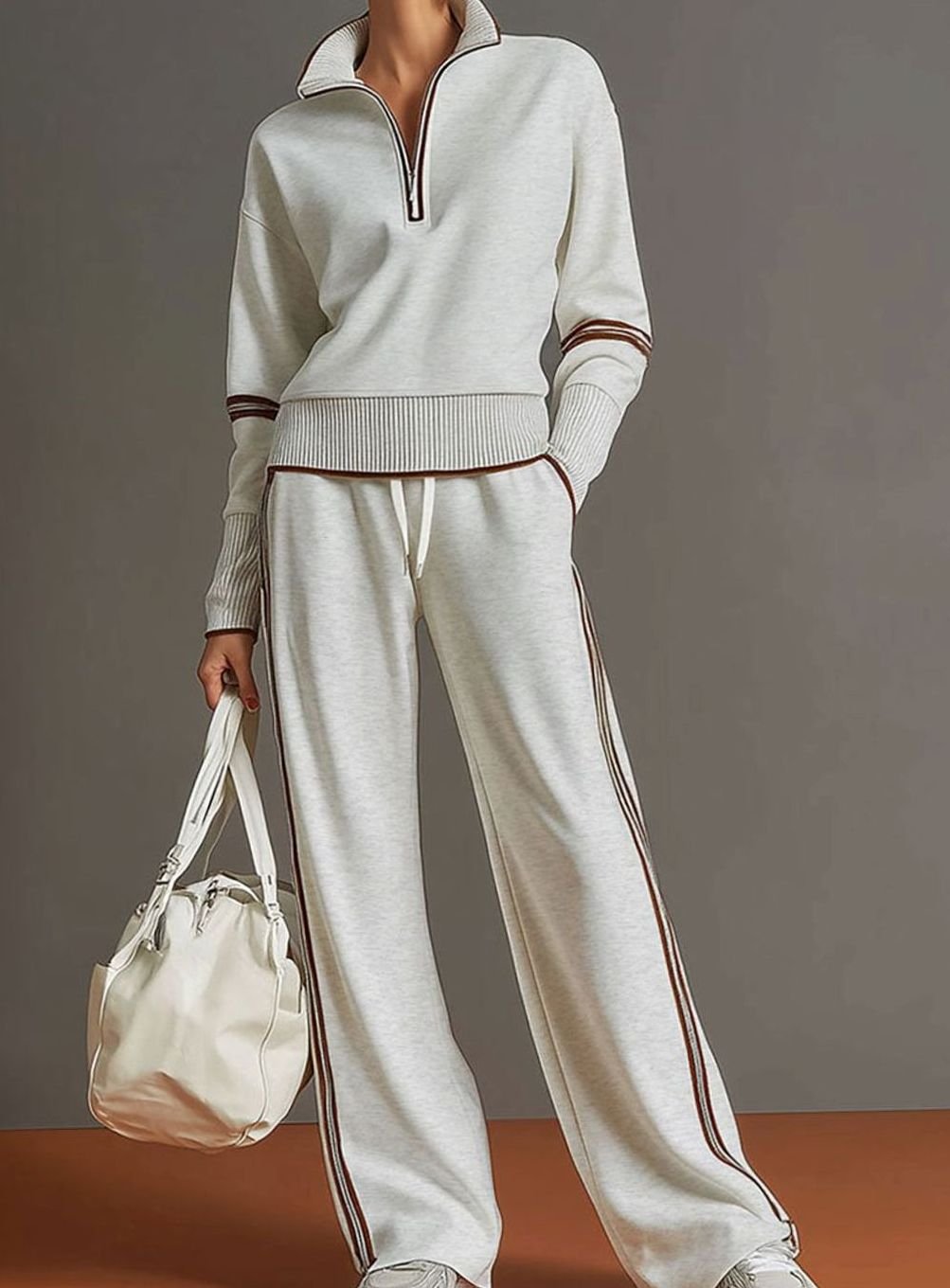 Layla | Women's Two-Piece Wide Leg Pants Set Half-Zip Striped Sweater