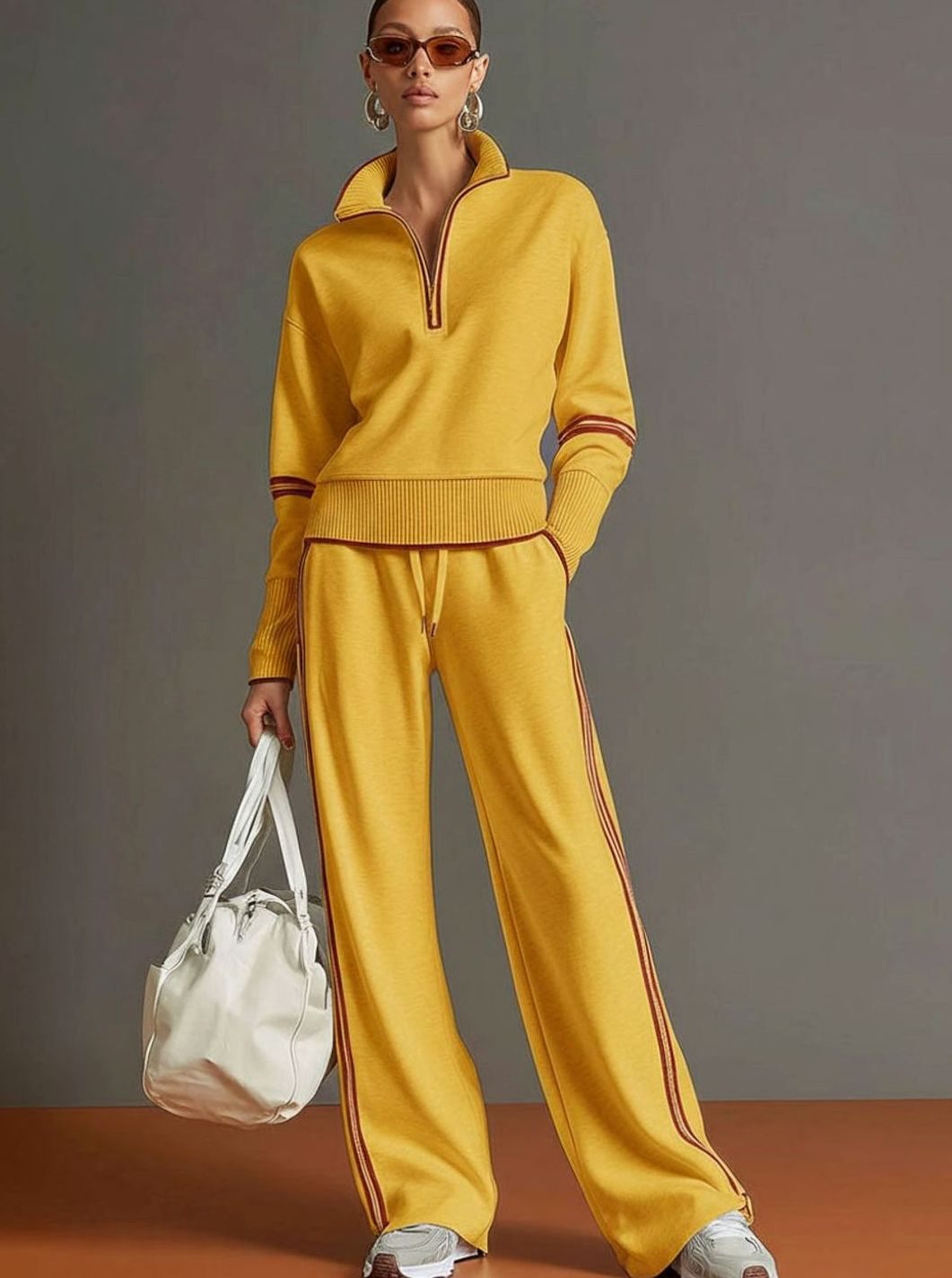 Layla | Women's Two-Piece Wide Leg Pants Set Half-Zip Striped Sweater
