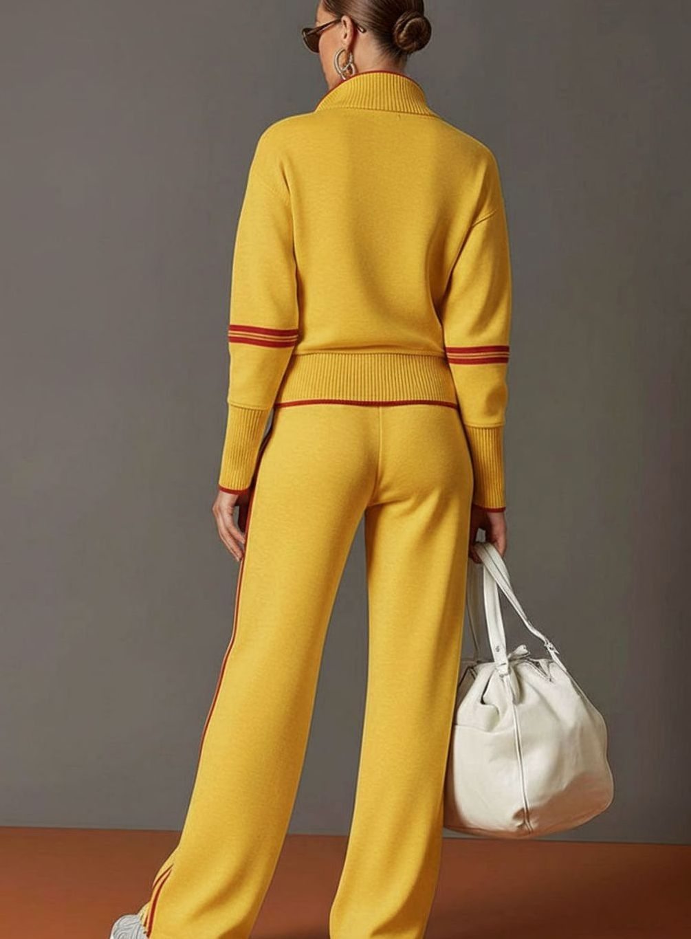 Layla | Women's Two-Piece Wide Leg Pants Set Half-Zip Striped Sweater