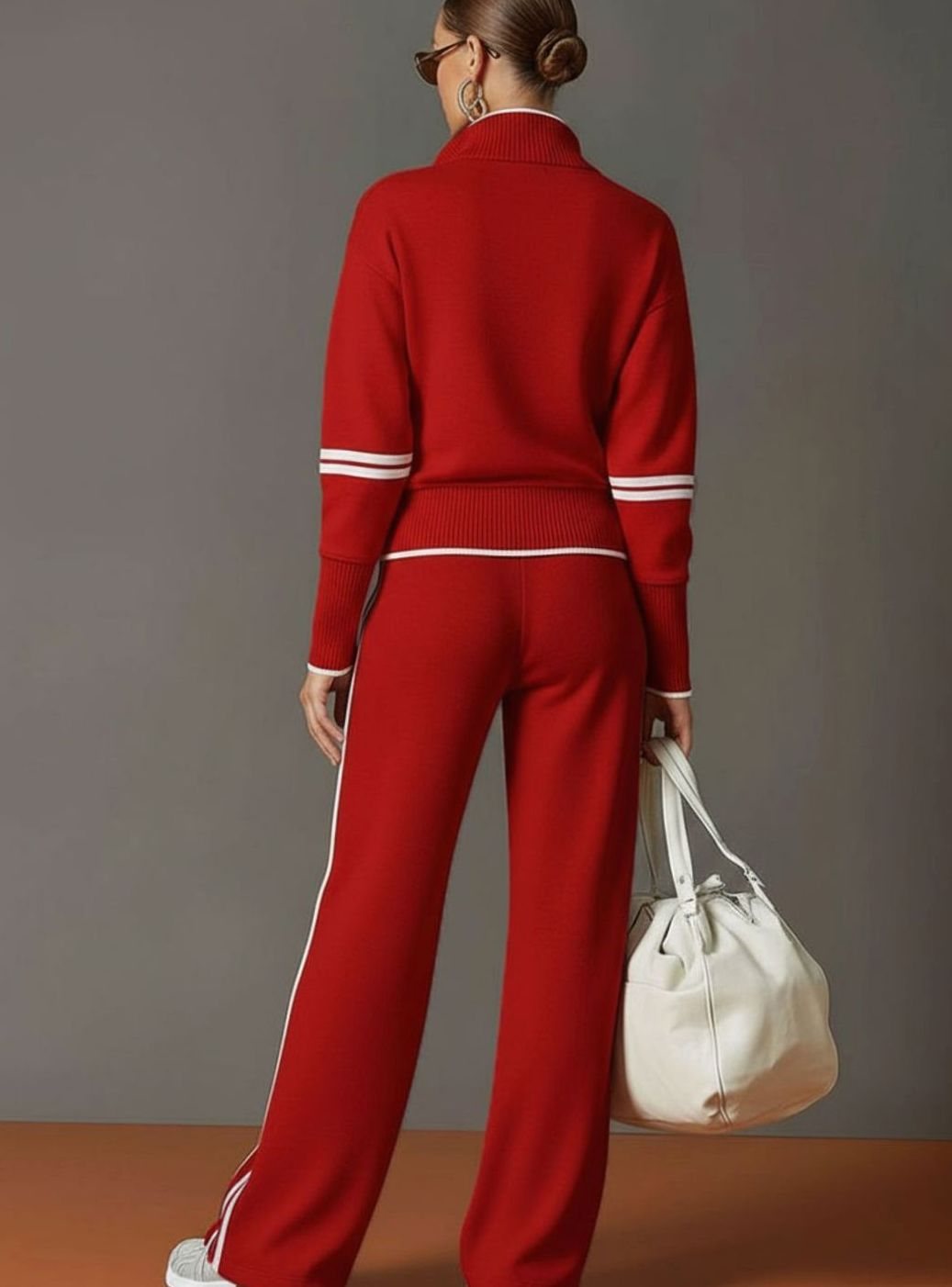 Layla | Women's Two-Piece Wide Leg Pants Set Half-Zip Striped Sweater
