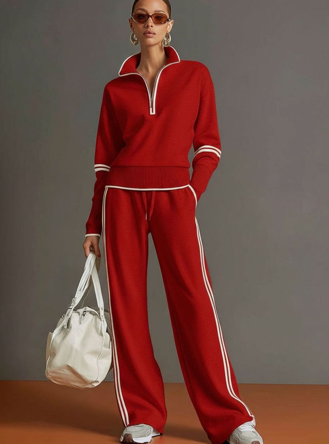 Layla | Women's Two-Piece Wide Leg Pants Set Half-Zip Striped Sweater