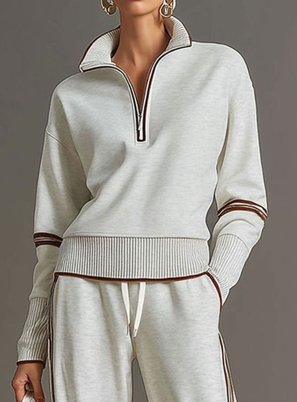 Layla | Women's Two-Piece Wide Leg Pants Set Half-Zip Striped Sweater