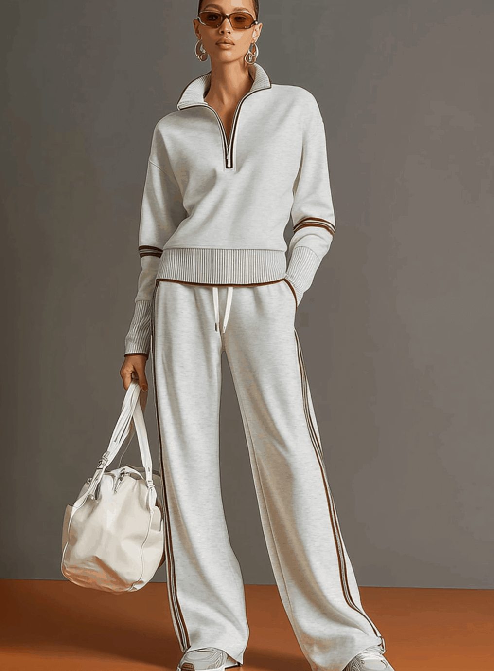 Layla | Women's Two-Piece Wide Leg Pants Set Half-Zip Striped Sweater