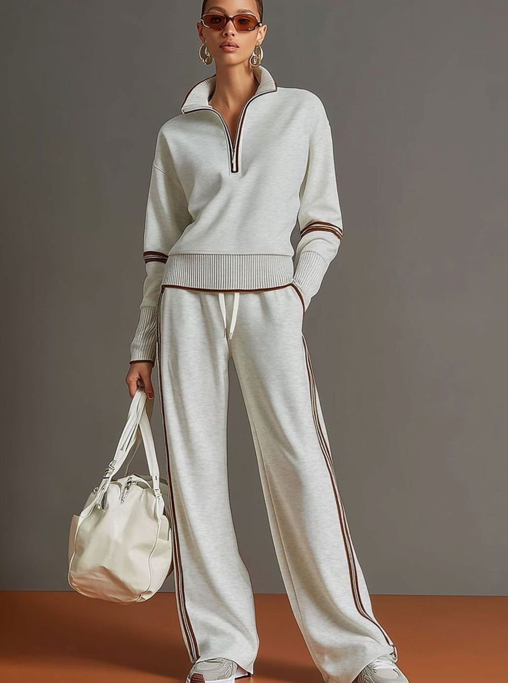 Layla | Women's Two-Piece Wide Leg Pants Set Half-Zip Striped Sweater