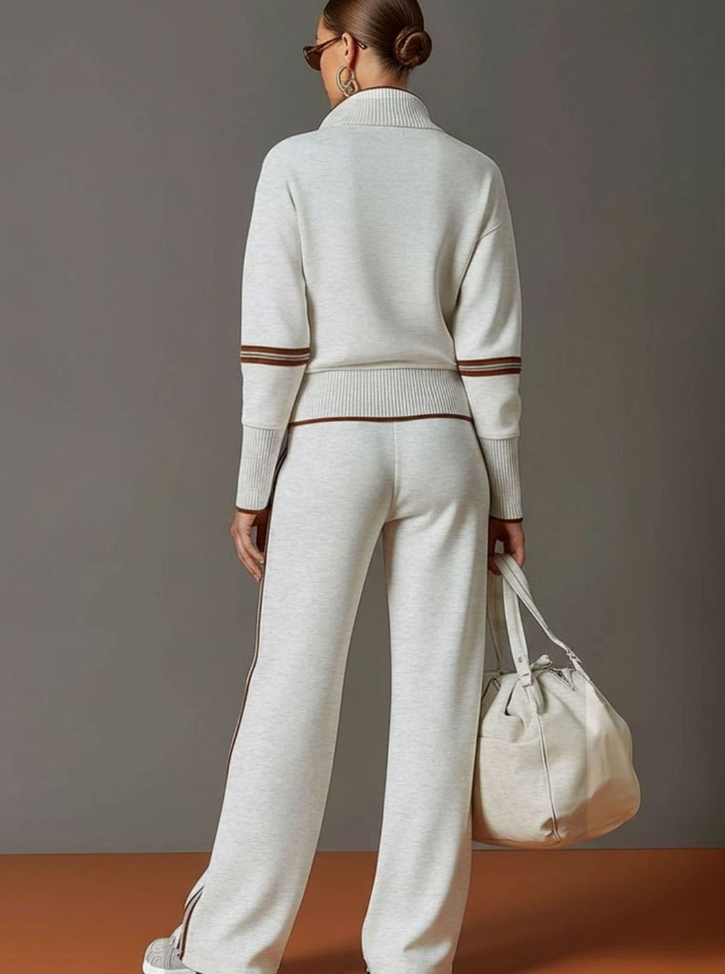 Layla | Women's Two-Piece Wide Leg Pants Set Half-Zip Striped Sweater