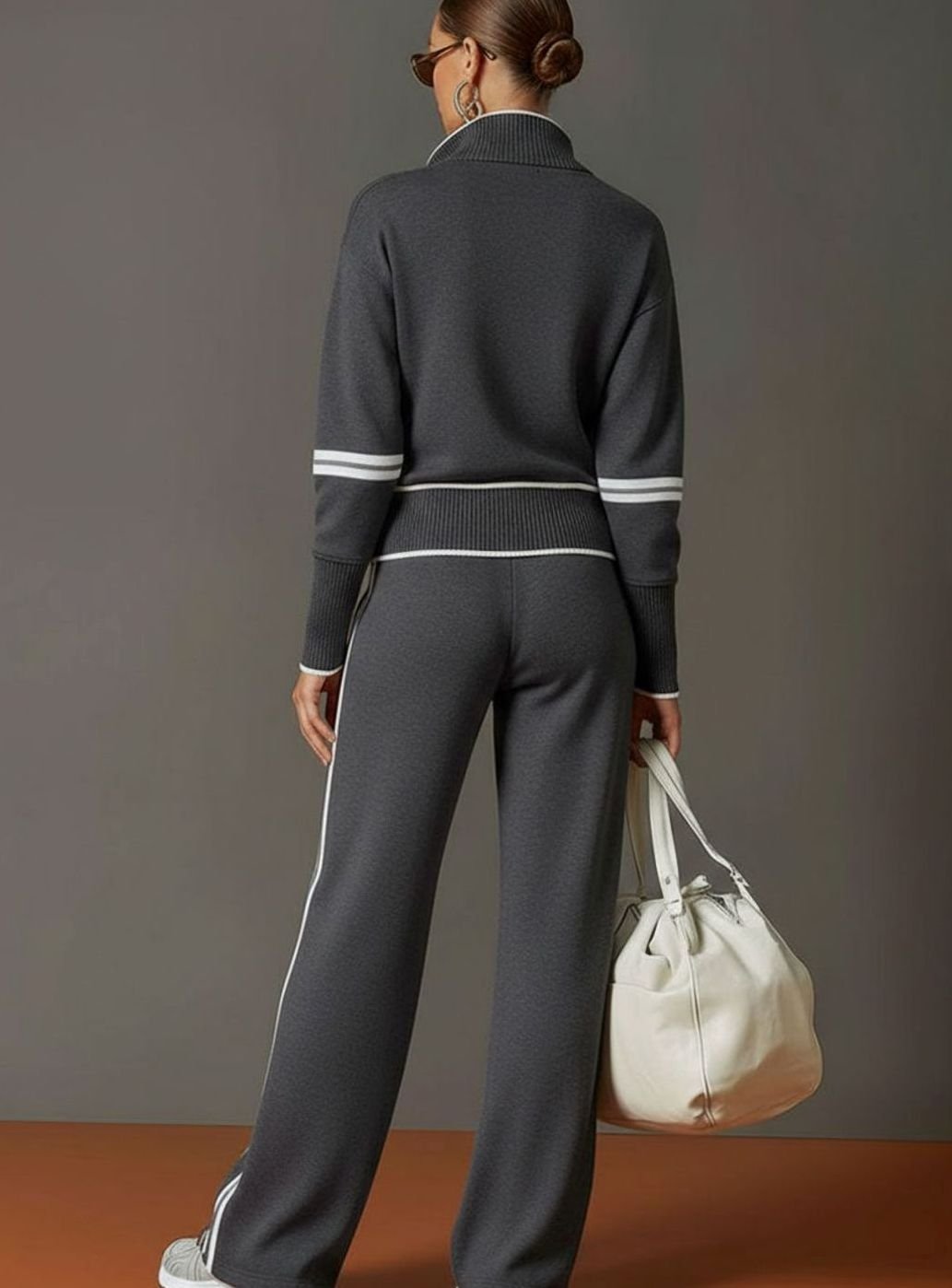 Layla | Women's Two-Piece Wide Leg Pants Set Half-Zip Striped Sweater