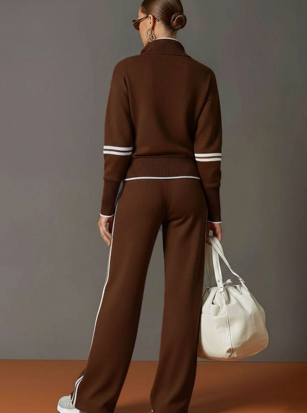 Layla | Women's Two-Piece Wide Leg Pants Set Half-Zip Striped Sweater