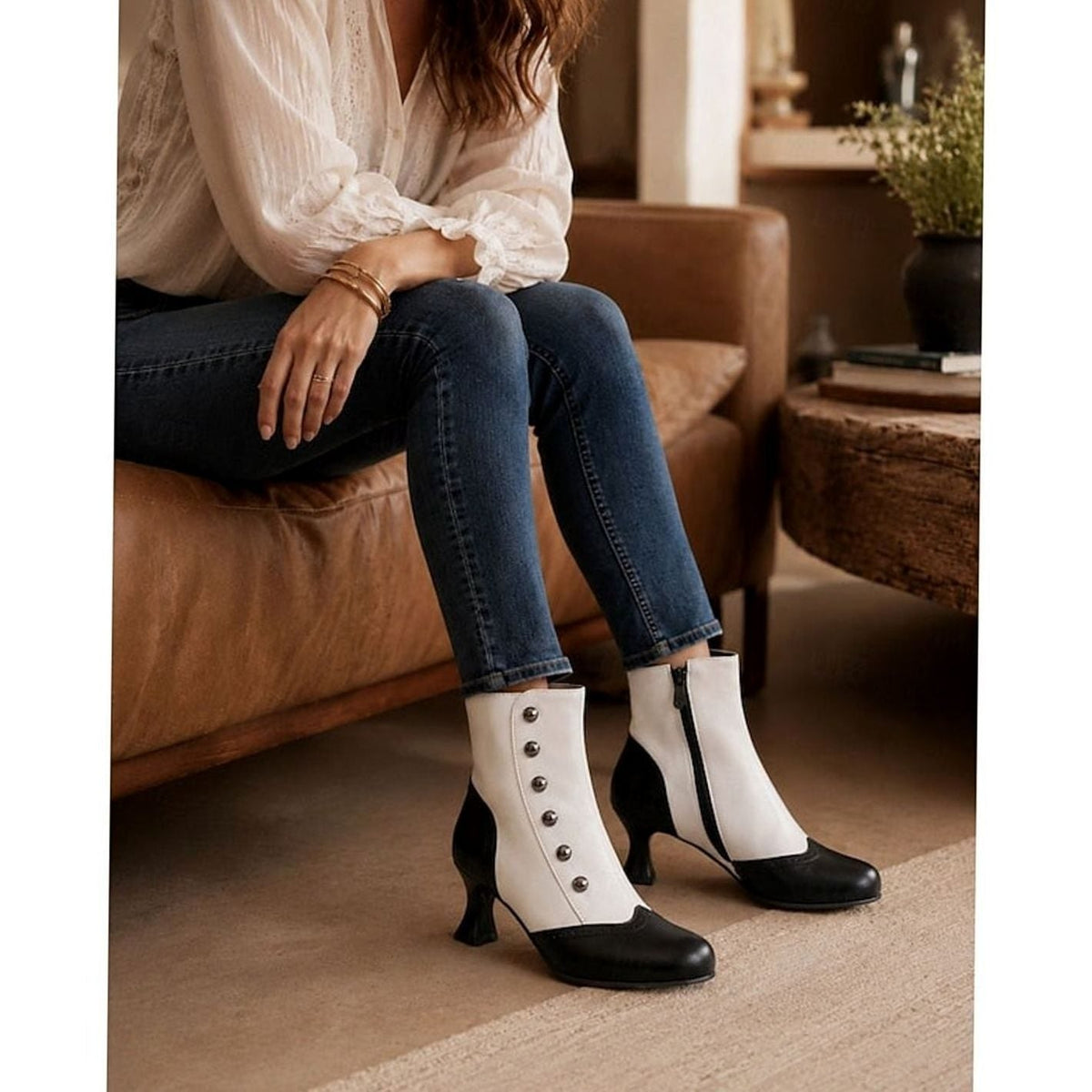 Amelia | Women's Two-Tone Vintage Buttoned Spool-Heel Ankle Boots