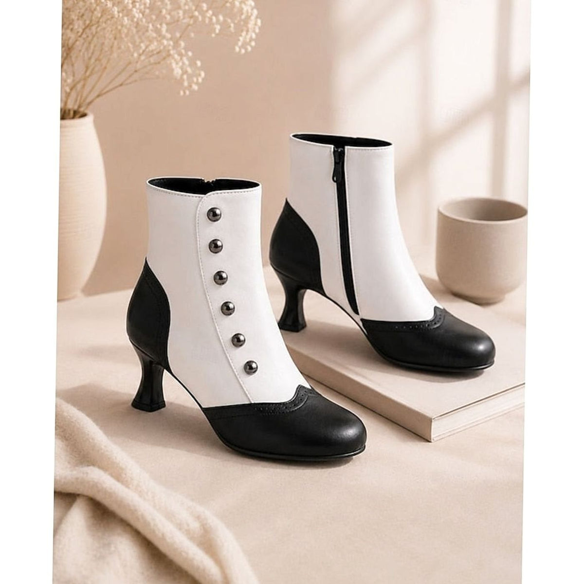 Amelia | Women's Two-Tone Vintage Buttoned Spool-Heel Ankle Boots