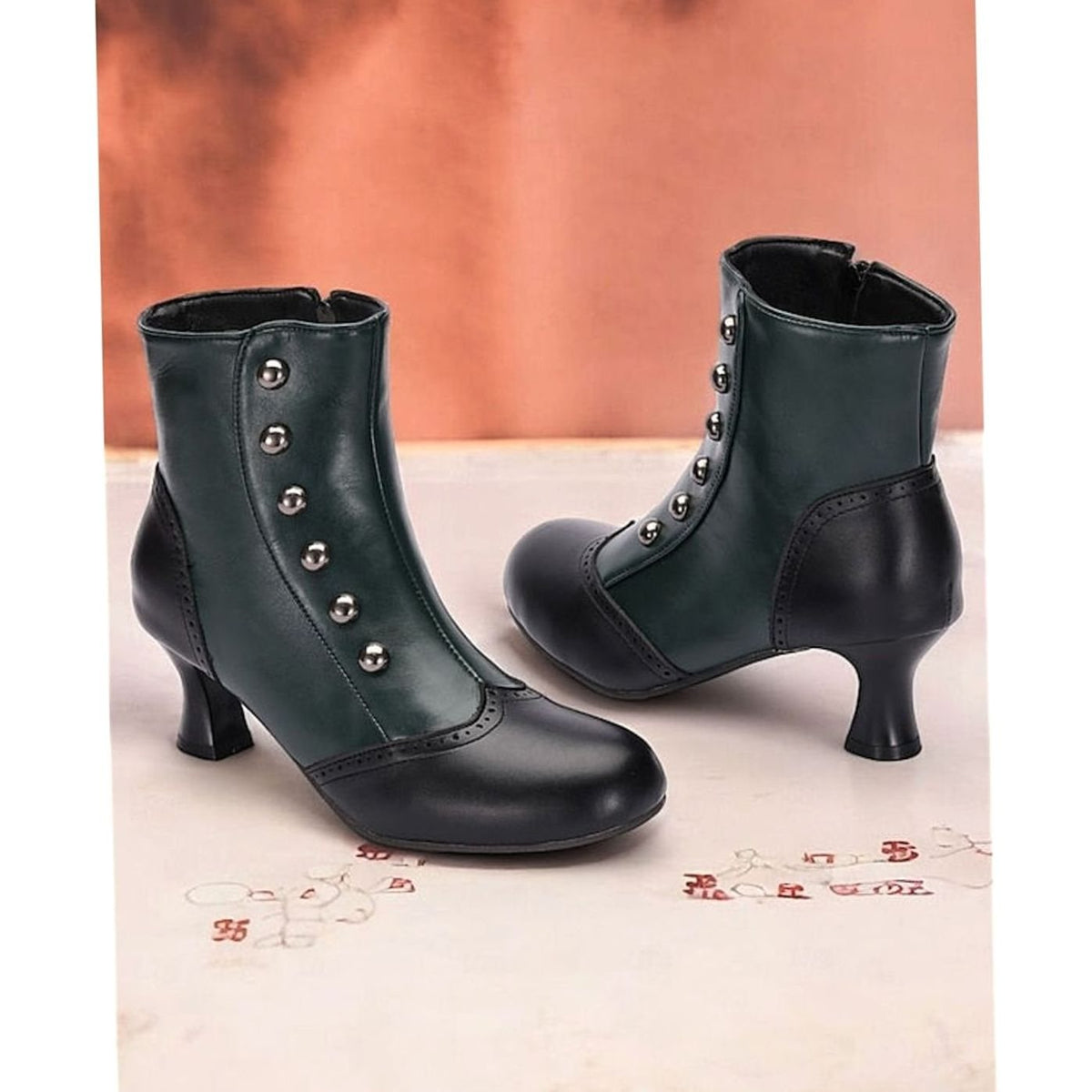 Amelia | Women's Two-Tone Vintage Buttoned Spool-Heel Ankle Boots