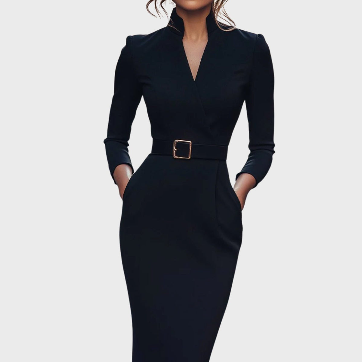 Emma | Women's V-Neck 3/4 Sleeve Belted Pencil Midi Dress