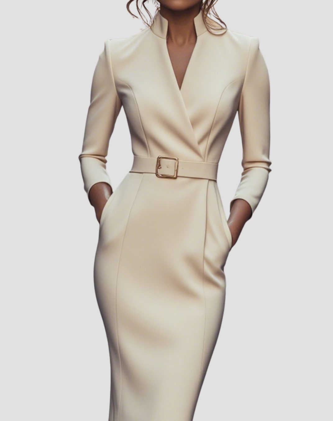 Emma | Women's V-Neck 3/4 Sleeve Belted Pencil Midi Dress