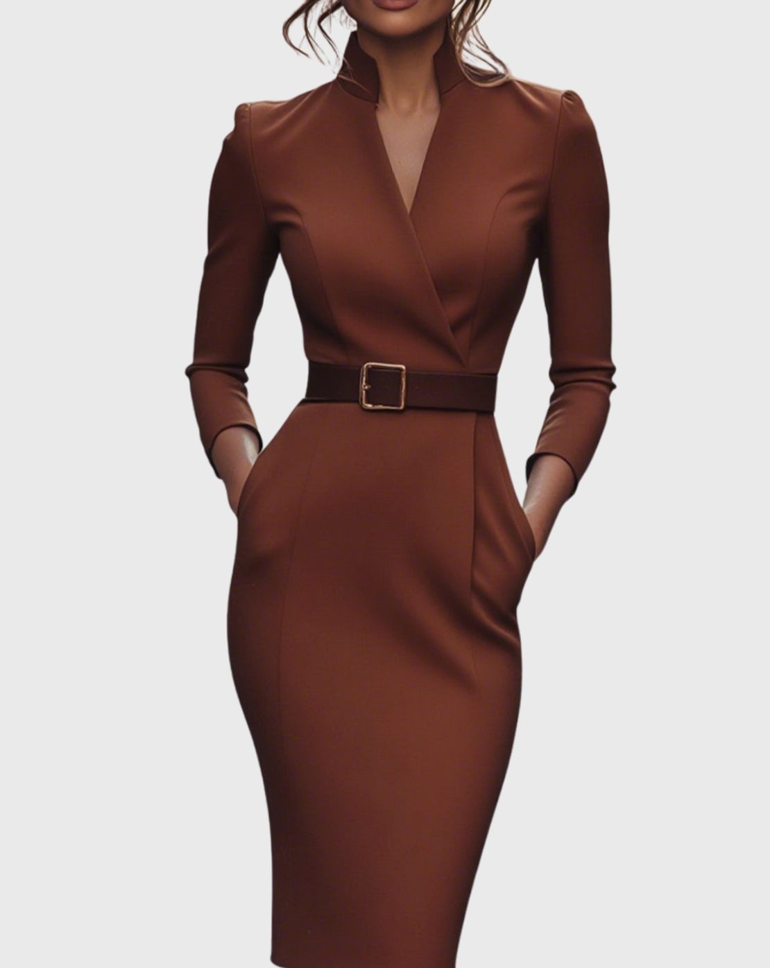 Emma | Women's V-Neck 3/4 Sleeve Belted Pencil Midi Dress