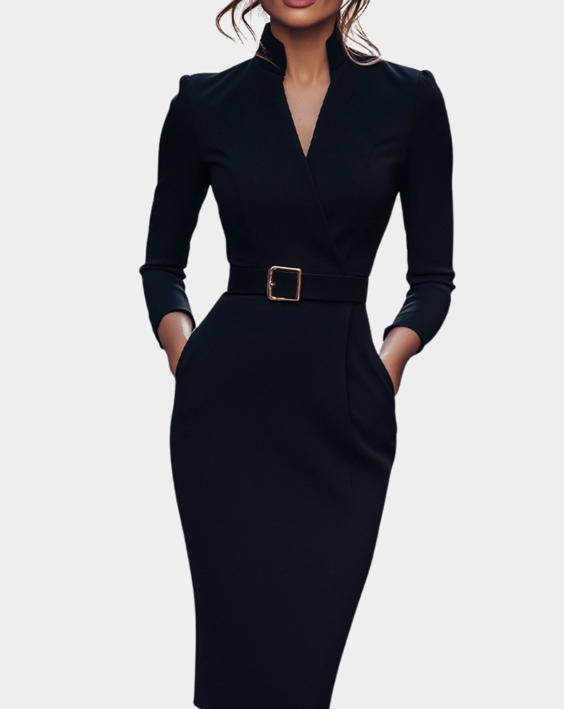 Emma | Women's V-Neck 3/4 Sleeve Belted Pencil Midi Dress