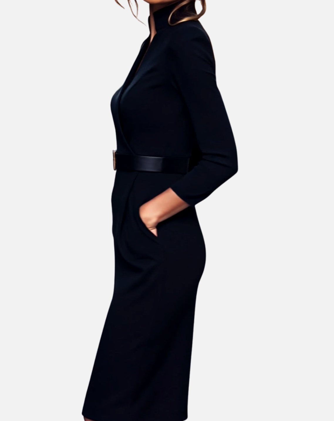 Emma | Women's V-Neck 3/4 Sleeve Belted Pencil Midi Dress