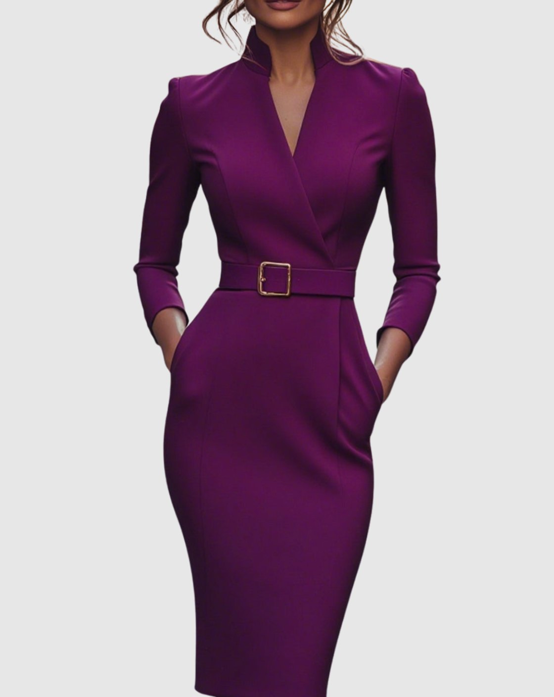 Emma | Women's V-Neck 3/4 Sleeve Belted Pencil Midi Dress