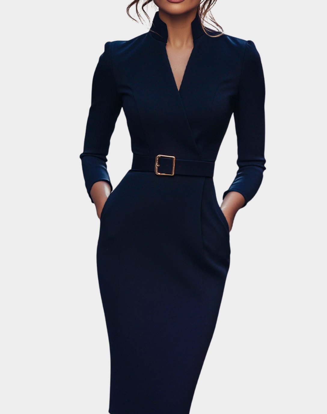 Emma | Women's V-Neck 3/4 Sleeve Belted Pencil Midi Dress