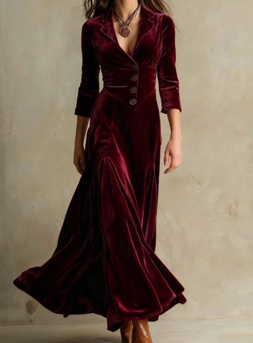 Penelope | Women's V-Neck Button-Front Flared Maxi Dress