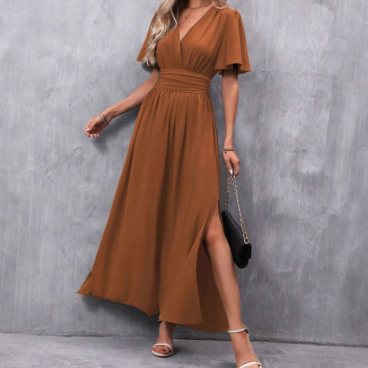 Harper | Women's V-Neck Flutter-Sleeve High-Waist Side-Slit Maxi Dress