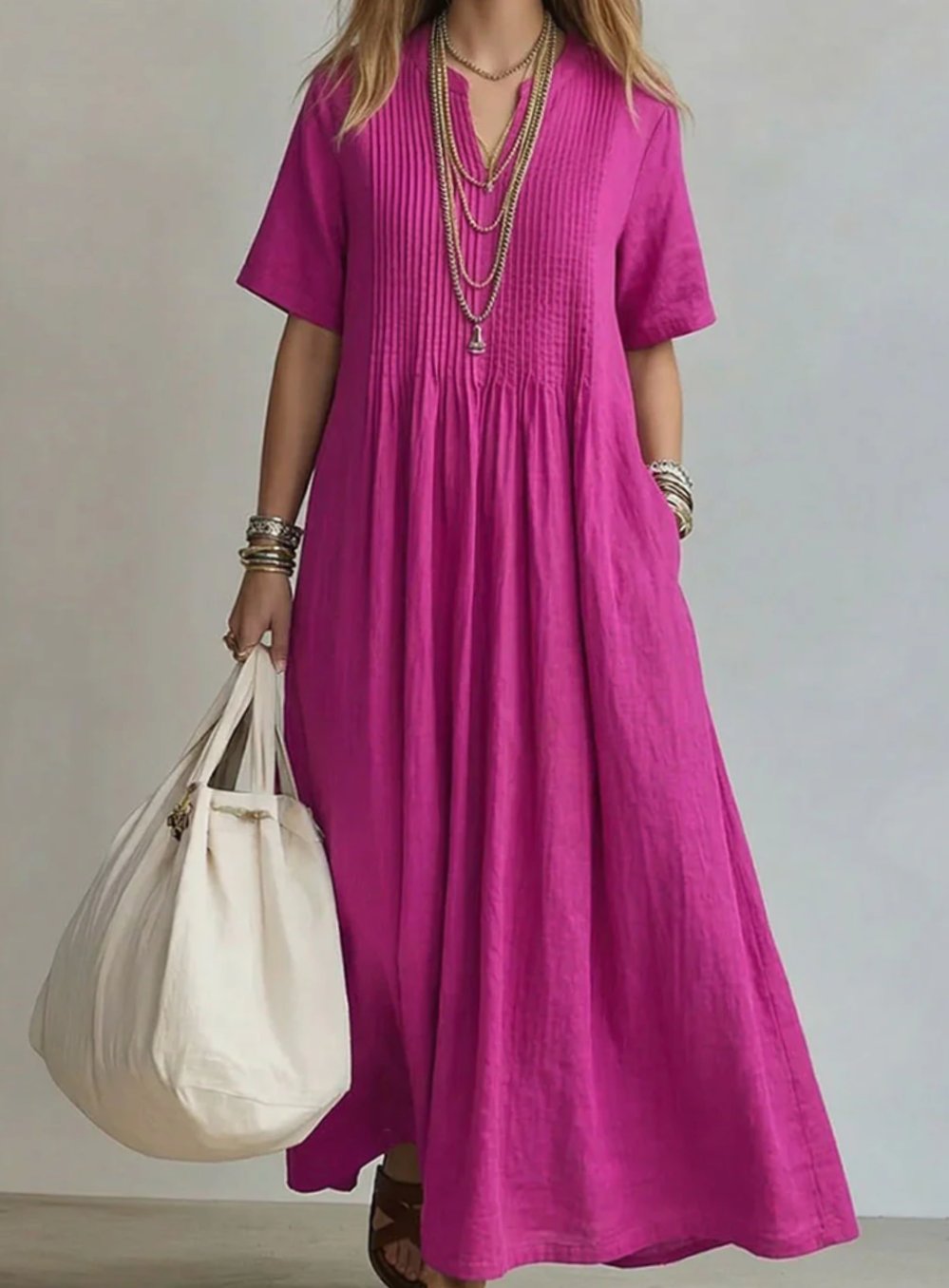 Harper | Women's V-Neck Pintuck Pleated Flowy Maxi Dress