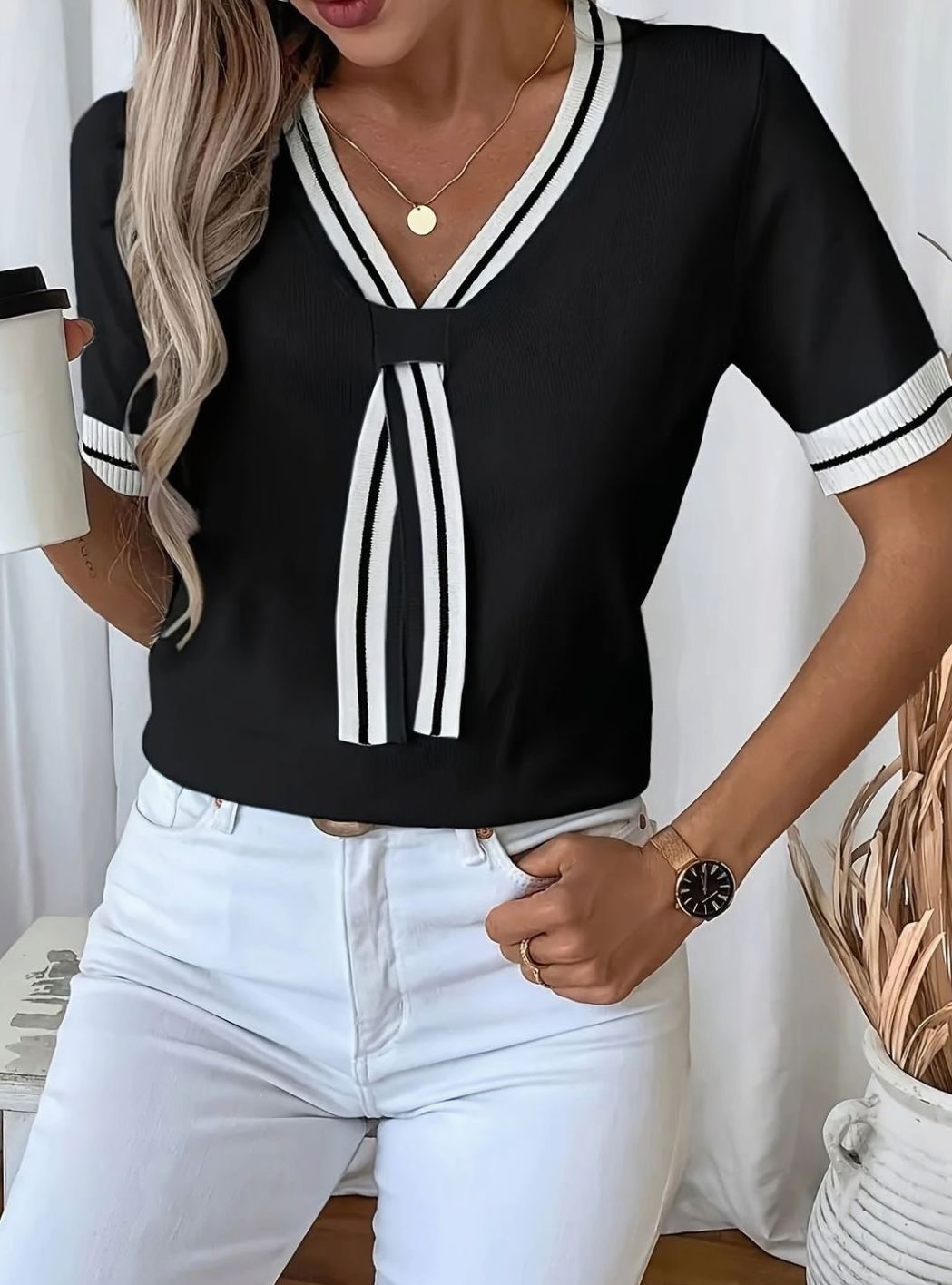 Emma | Women's V-Neck Short-Sleeve Tie-Detail Knit Sweater