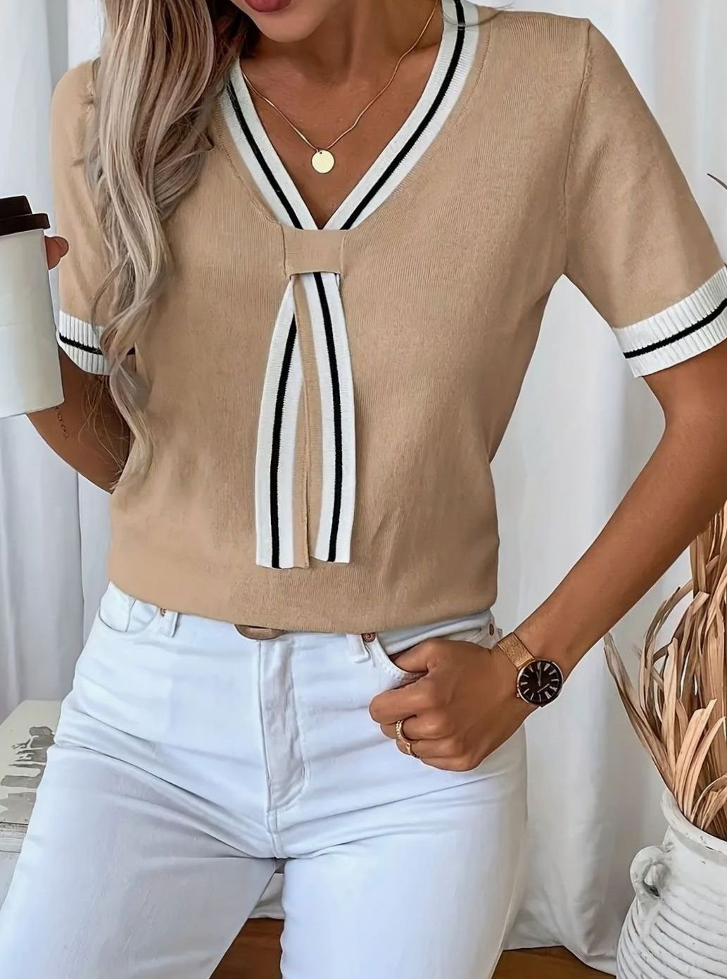 Emma | Women's V-Neck Short-Sleeve Tie-Detail Knit Sweater