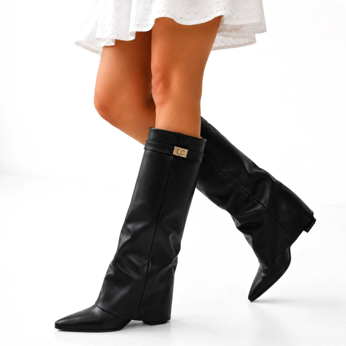 Evelyn | Women's Vegan Leather Knee High Boots Pointed Toe Gold-Tone Detail