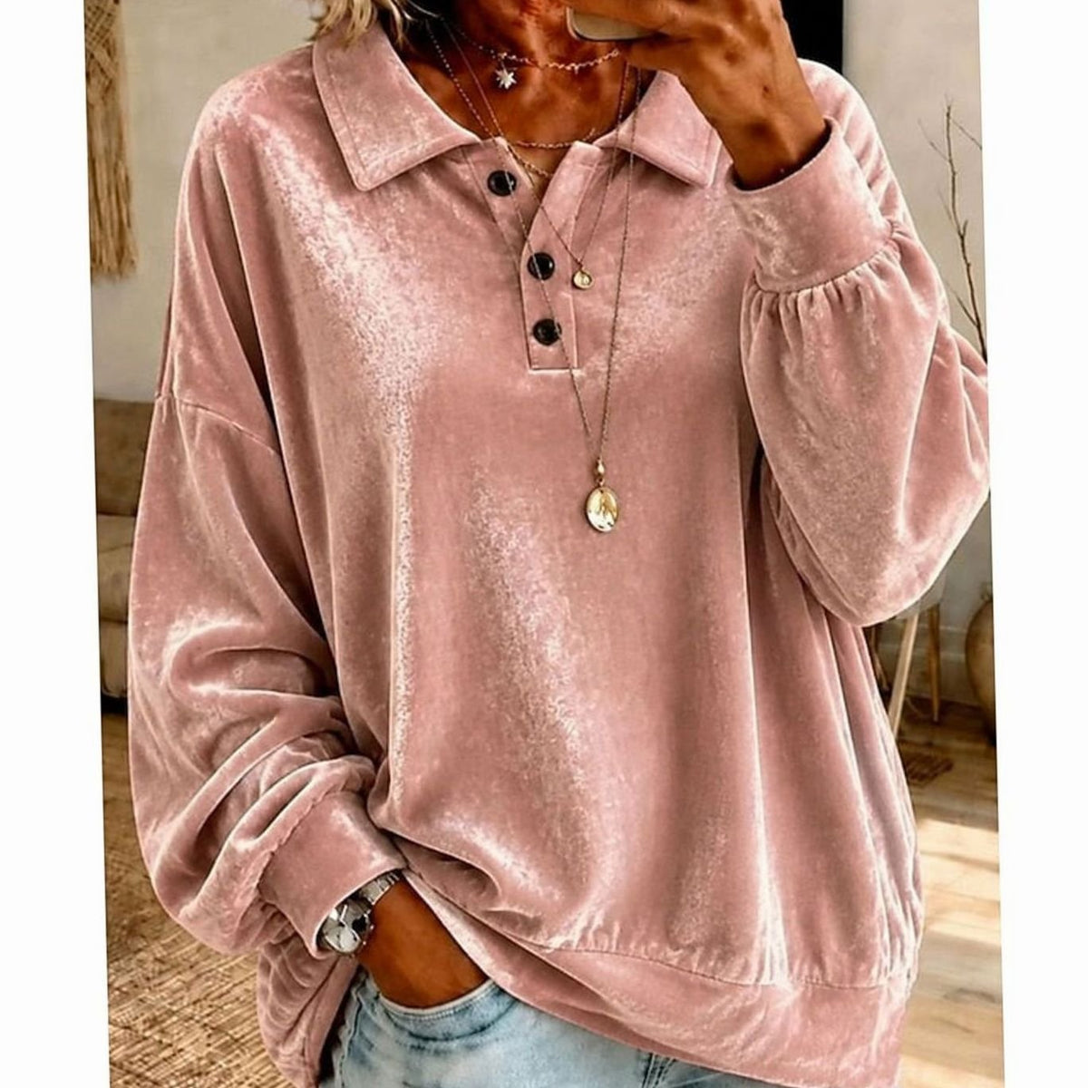 Olivia | Women's Velvet Collared Button-Placket Relaxed Pullover Sweater