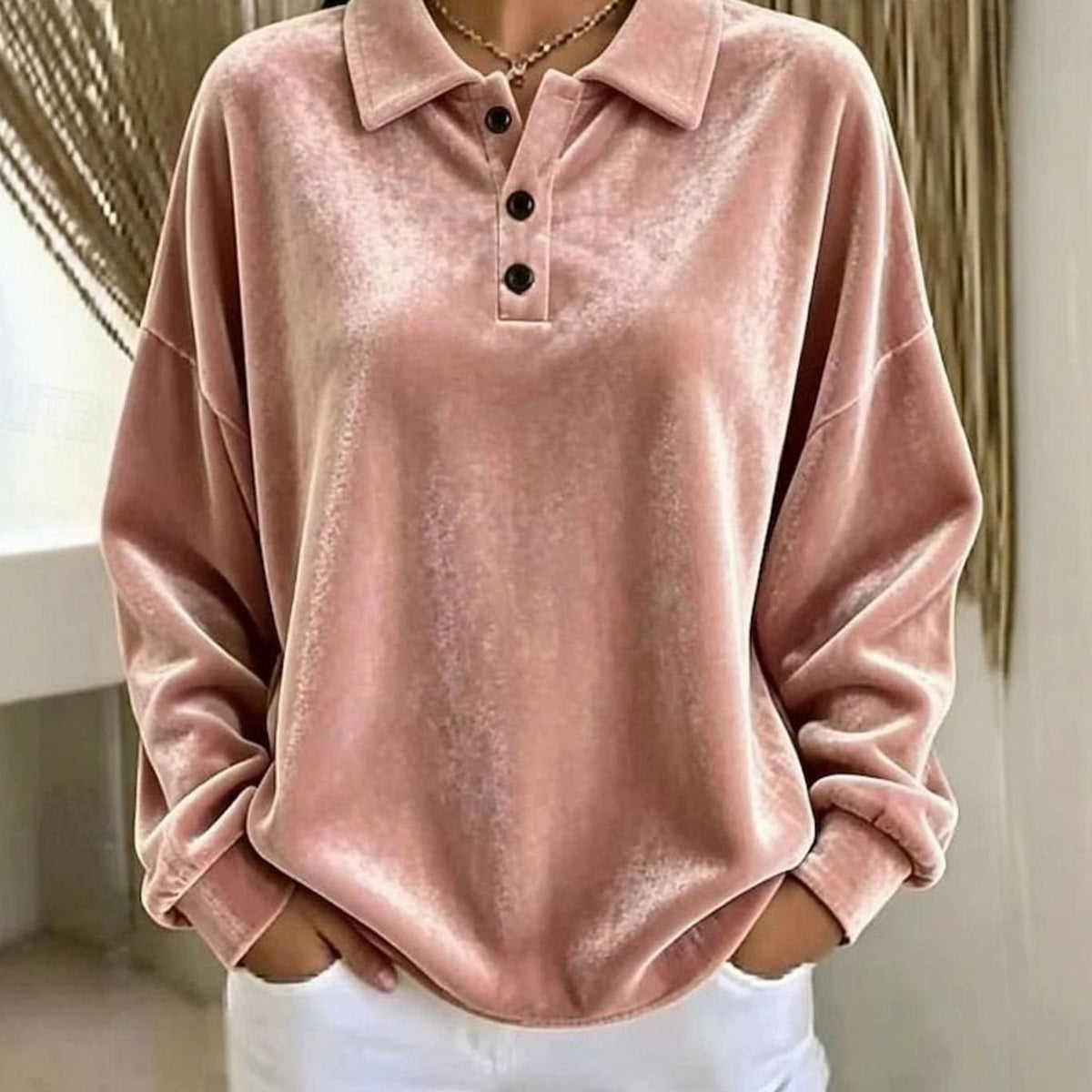 Olivia | Women's Velvet Collared Button-Placket Relaxed Pullover Sweater