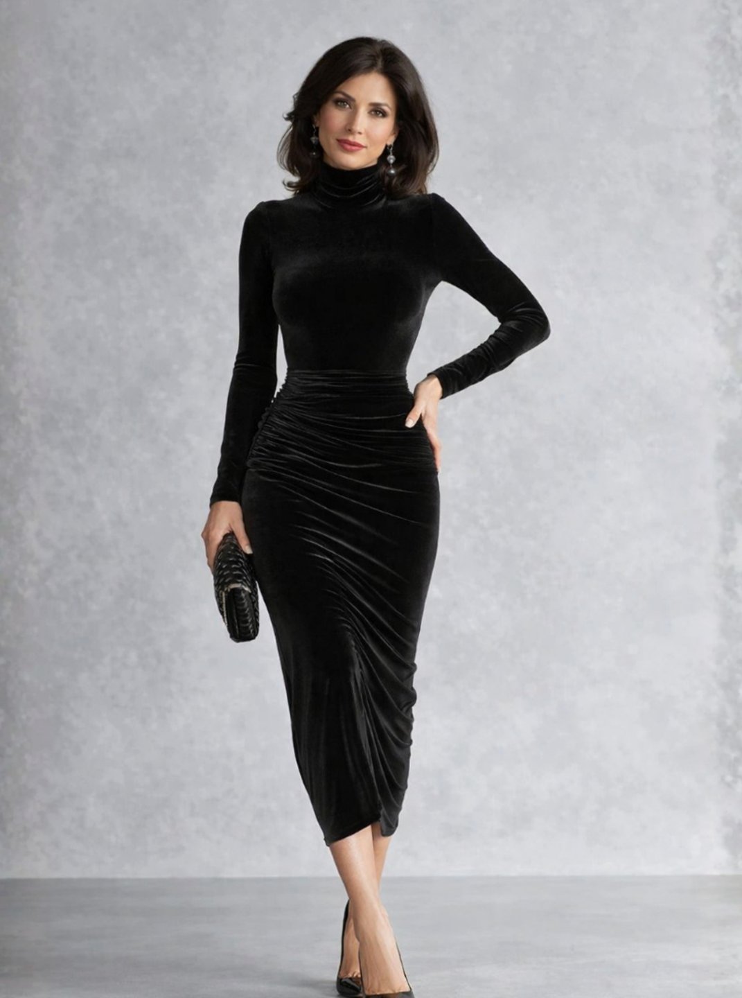 Luna | Women's Velvet Ruched Turtleneck Fitted Midi Dress