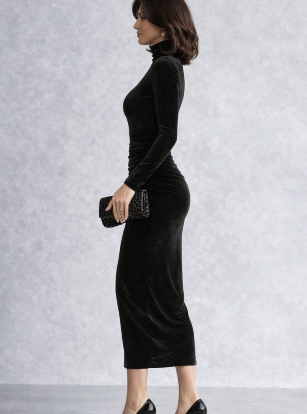 Luna | Women's Velvet Ruched Turtleneck Fitted Midi Dress