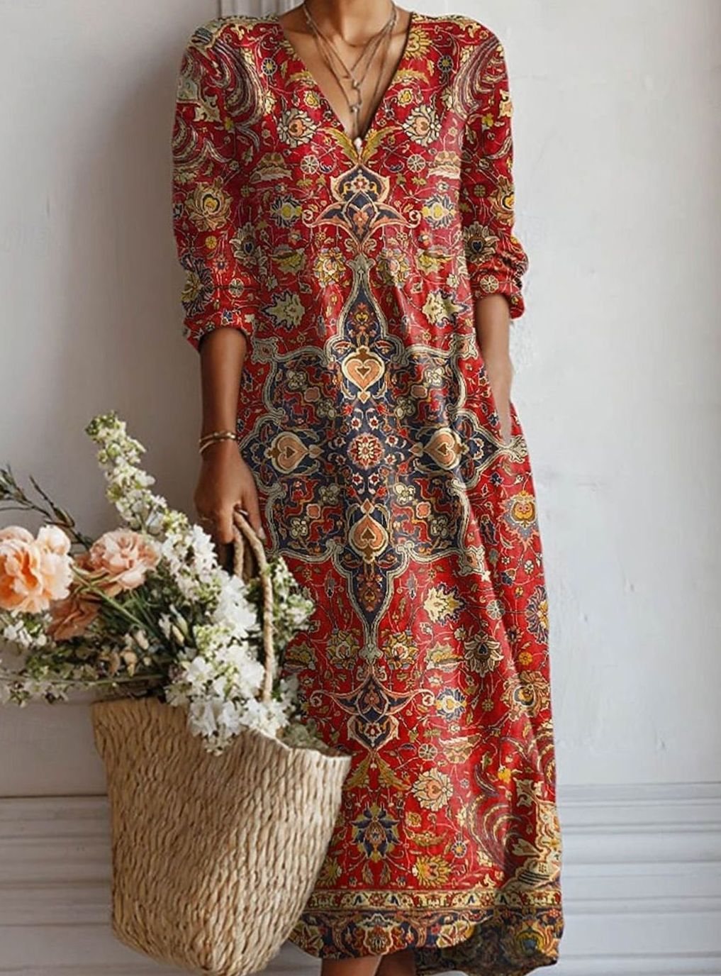 Scarlett | Women's Vintage Boho V-Neck Long Sleeve Maxi Dress