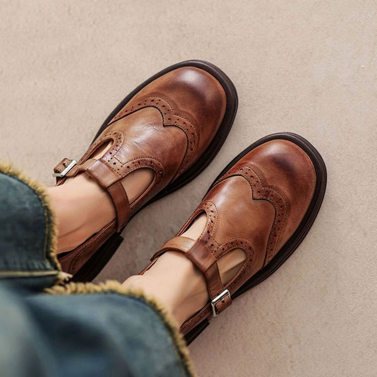 Olivia | Women's Vintage Brogue T-Strap Mary Jane Flat Shoes