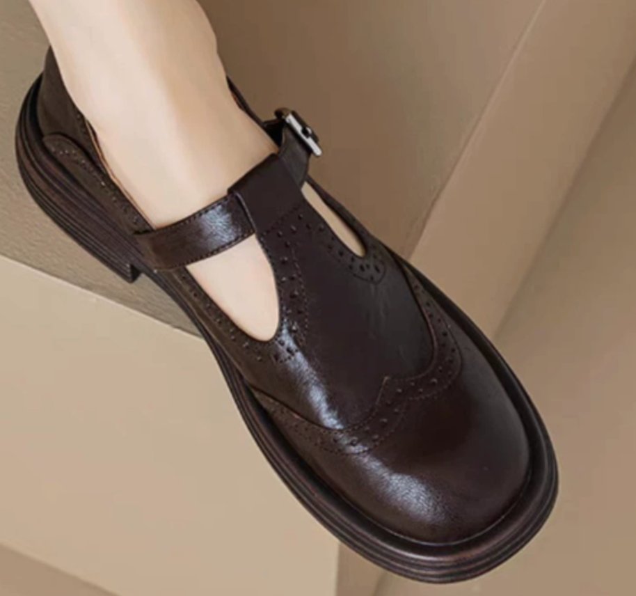 Olivia | Women's Vintage Brogue T-Strap Mary Jane Flat Shoes