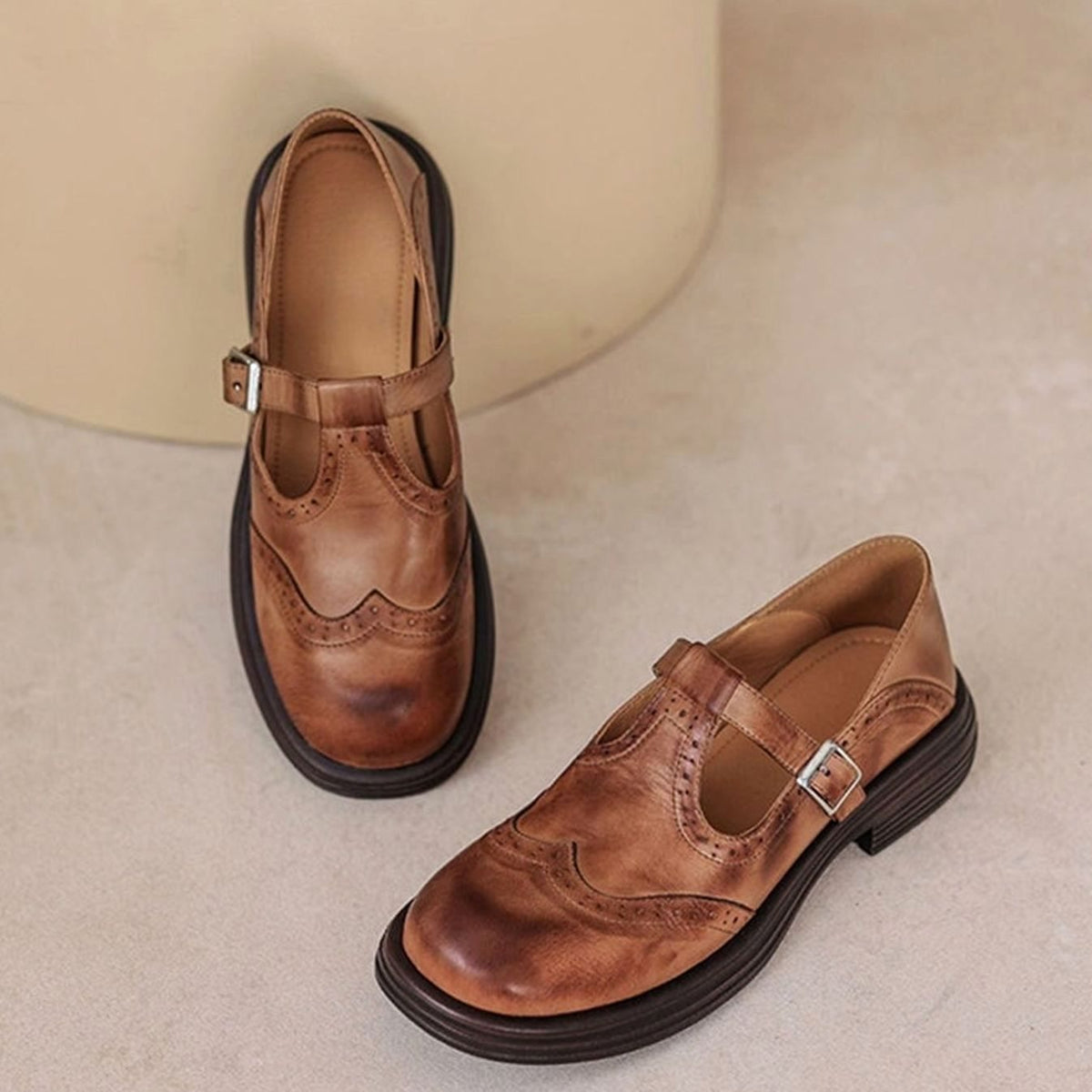 Olivia | Women's Vintage Brogue T-Strap Mary Jane Flat Shoes