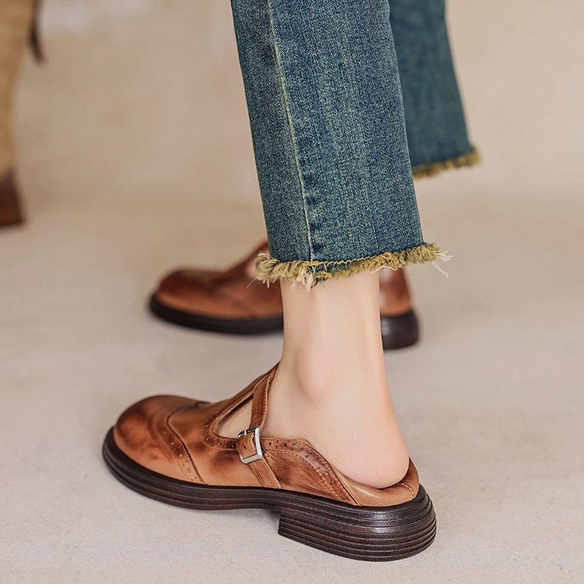 Olivia | Women's Vintage Brogue T-Strap Mary Jane Flat Shoes