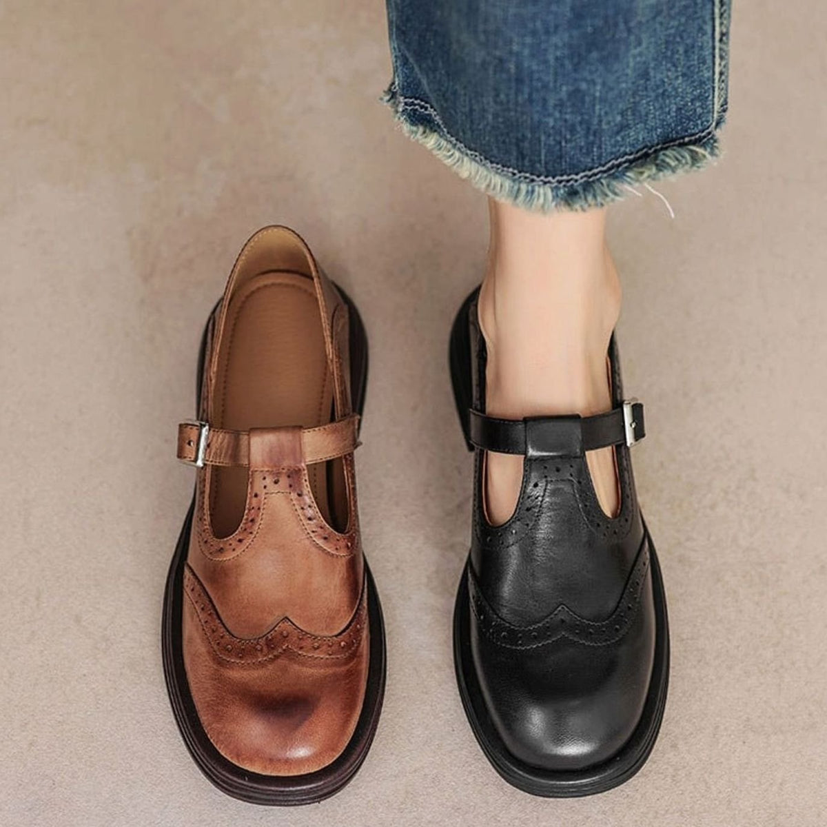 Olivia | Women's Vintage Brogue T-Strap Mary Jane Flat Shoes