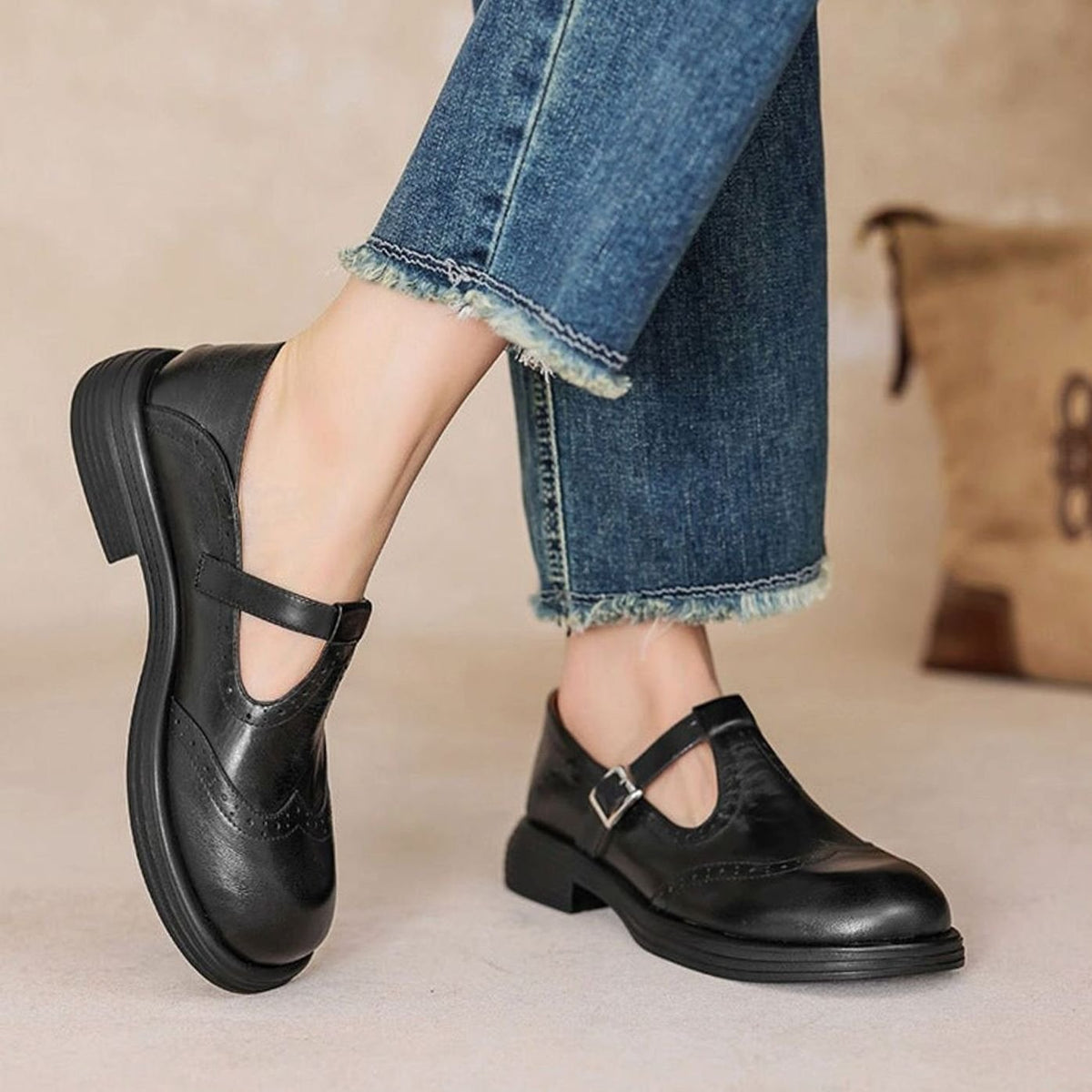 Olivia | Women's Vintage Brogue T-Strap Mary Jane Flat Shoes