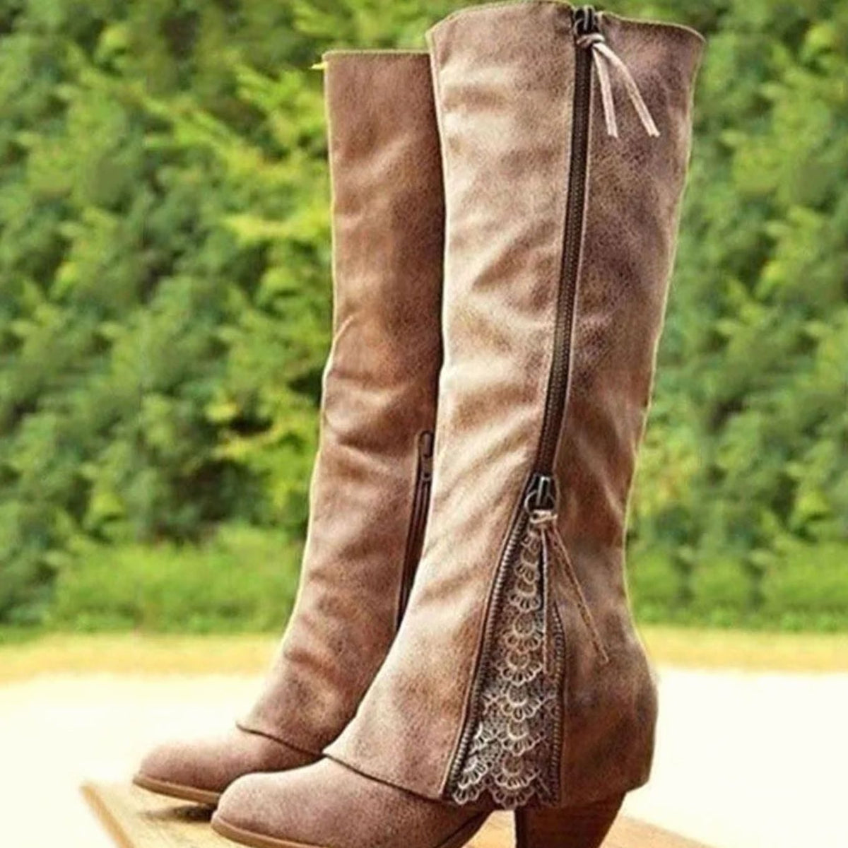 Harper | Women's Vintage Lace-Trim Side-Zip Knee High Boots Block Heel