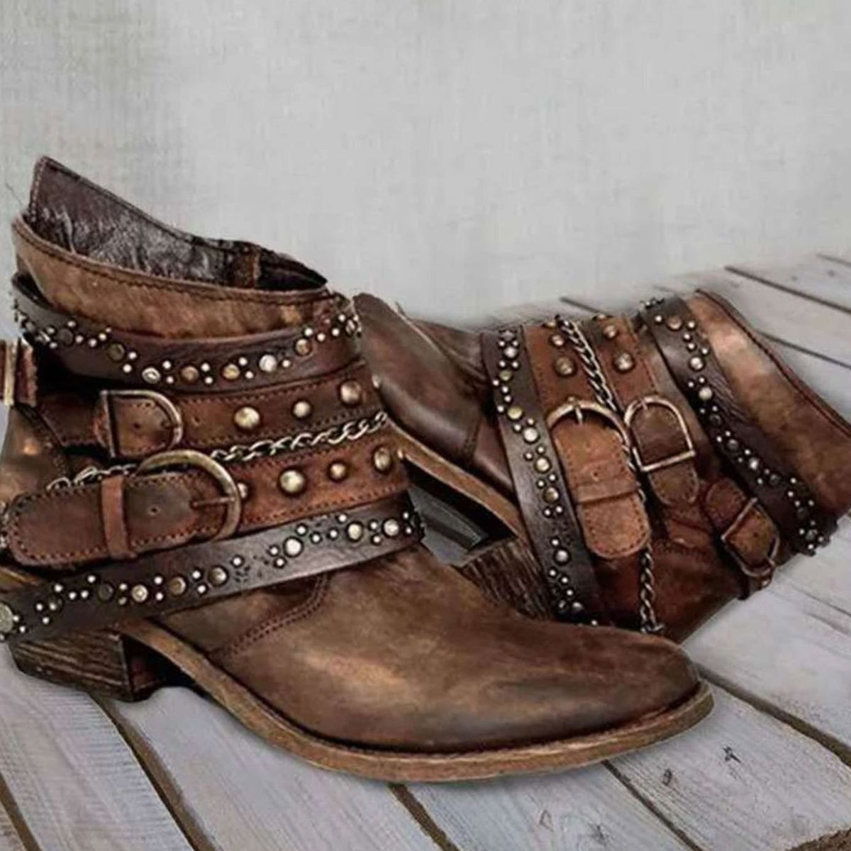 Layla | Women's Vintage Studded Buckle-Strap Western Ankle Boots
